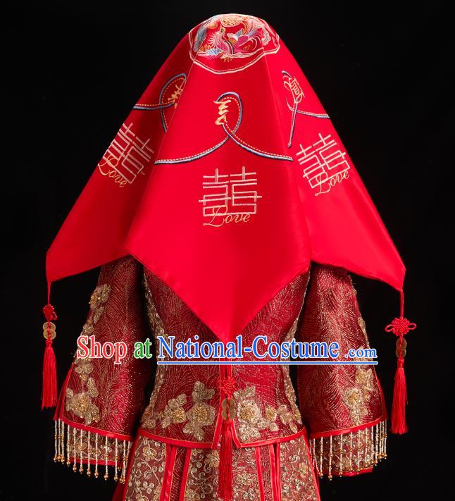 China Traditional Wedding Headdress Embroidered Dragon Phoenix Bridal Veil Xiuhe Suit Red Satin Kerchief