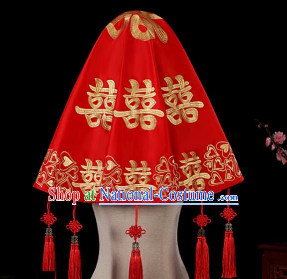 China Red Satin Circular Kerchief Bridal Veil Traditional Wedding Xiuhe Suit Embroidered Headpiece