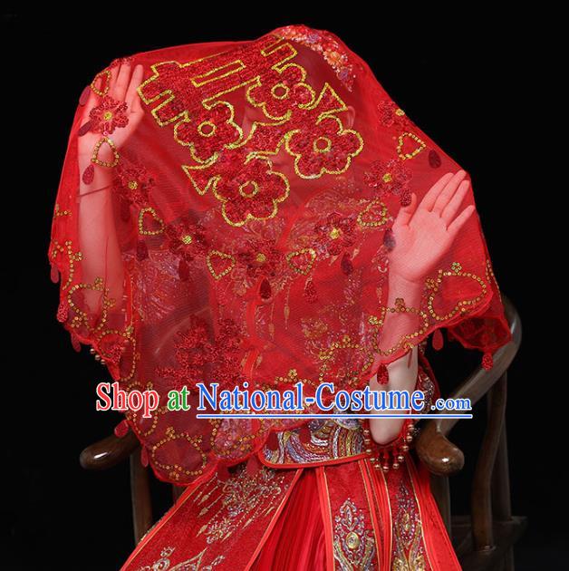 China Red Bridal Veil Kerchief Traditional Wedding Xiuhe Suit Embroidered Headdress