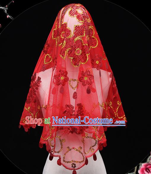 China Red Bridal Veil Kerchief Traditional Wedding Xiuhe Suit Embroidered Headdress