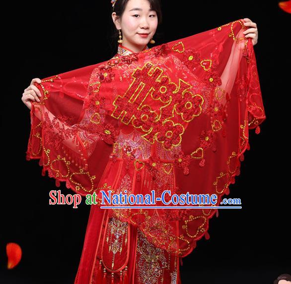 China Red Bridal Veil Kerchief Traditional Wedding Xiuhe Suit Embroidered Headdress