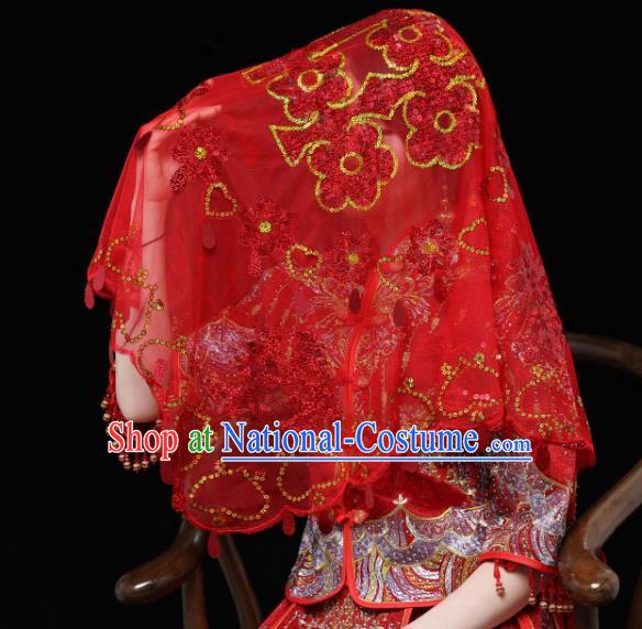 China Red Bridal Veil Kerchief Traditional Wedding Xiuhe Suit Embroidered Headdress