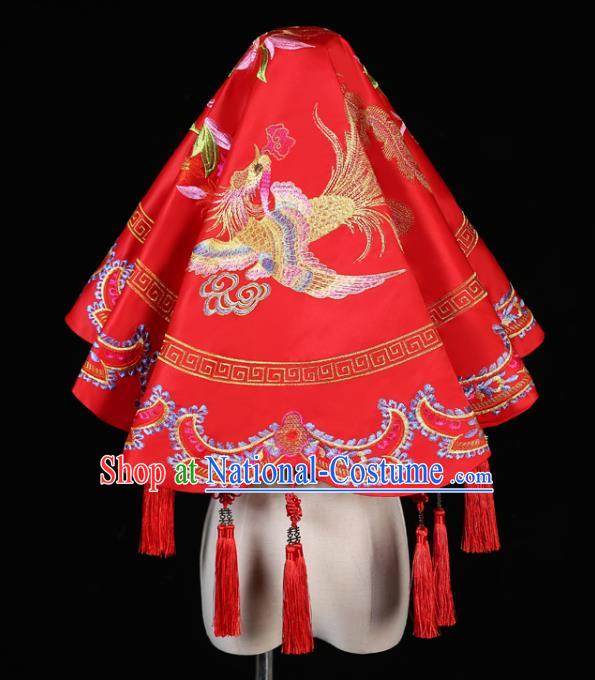 China Traditional Wedding Xiuhe Suit Headdress Embroidery Dragon Phoenix Red Bridal Veil Kerchief