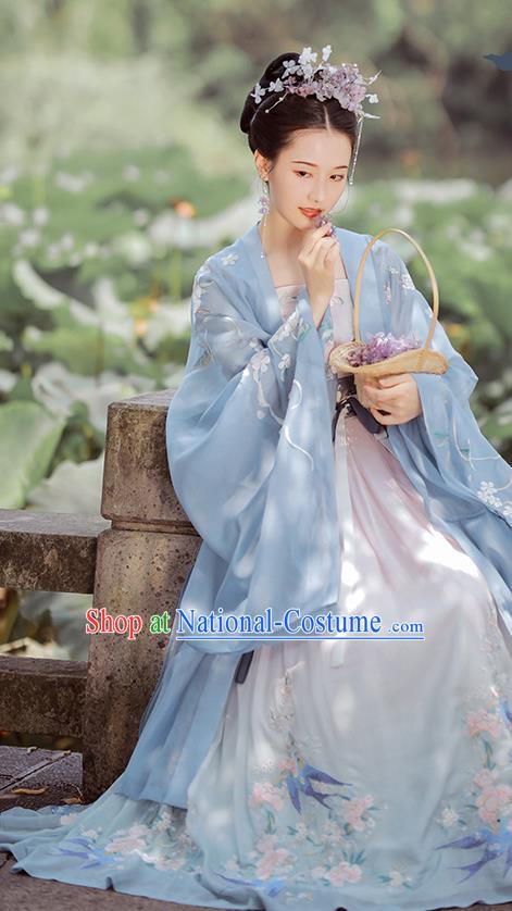 China Ancient Fairy Embroidered Blue Hanfu Dress Traditional Tang Dynasty Court Princess Historical Costumes Complete Set