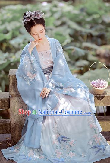 China Ancient Fairy Embroidered Blue Hanfu Dress Traditional Tang Dynasty Court Princess Historical Costumes Complete Set