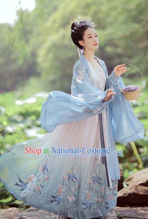 China Ancient Fairy Embroidered Blue Hanfu Dress Traditional Tang Dynasty Court Princess Historical Costumes Complete Set