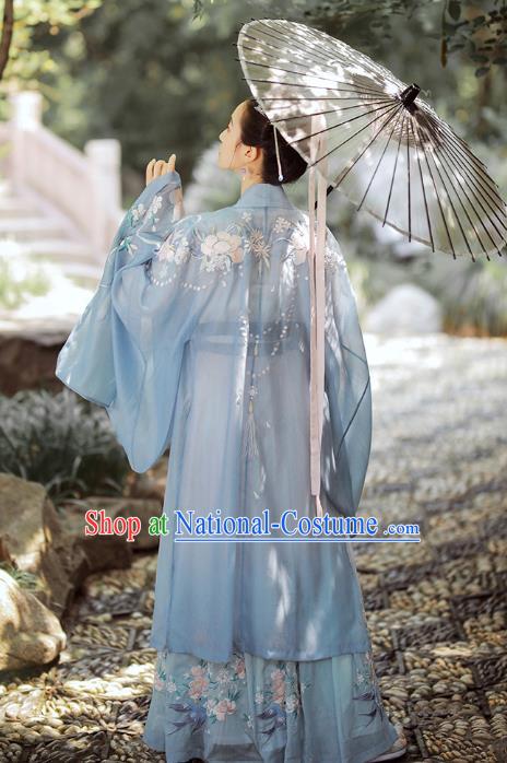 China Ancient Fairy Embroidered Blue Hanfu Dress Traditional Tang Dynasty Court Princess Historical Costumes Complete Set