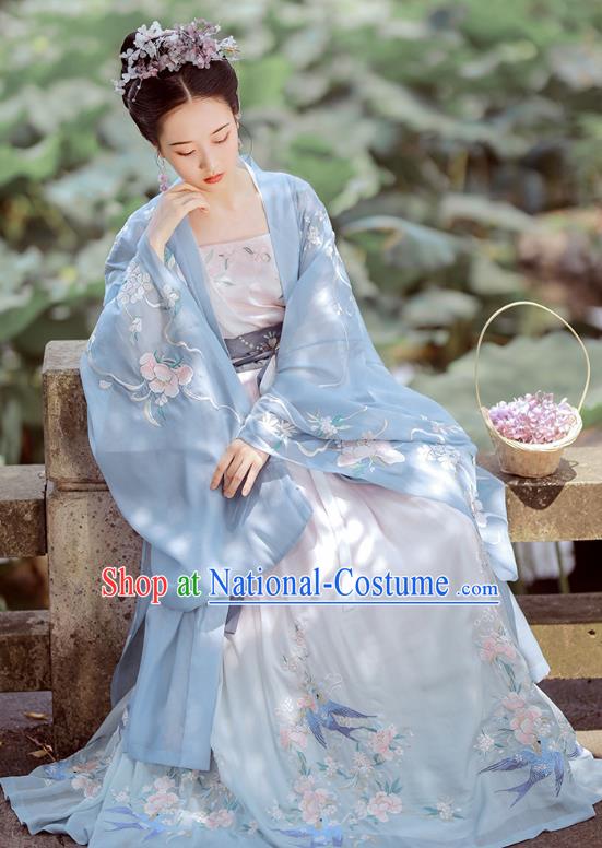 China Ancient Fairy Embroidered Blue Hanfu Dress Traditional Tang Dynasty Court Princess Historical Costumes Complete Set