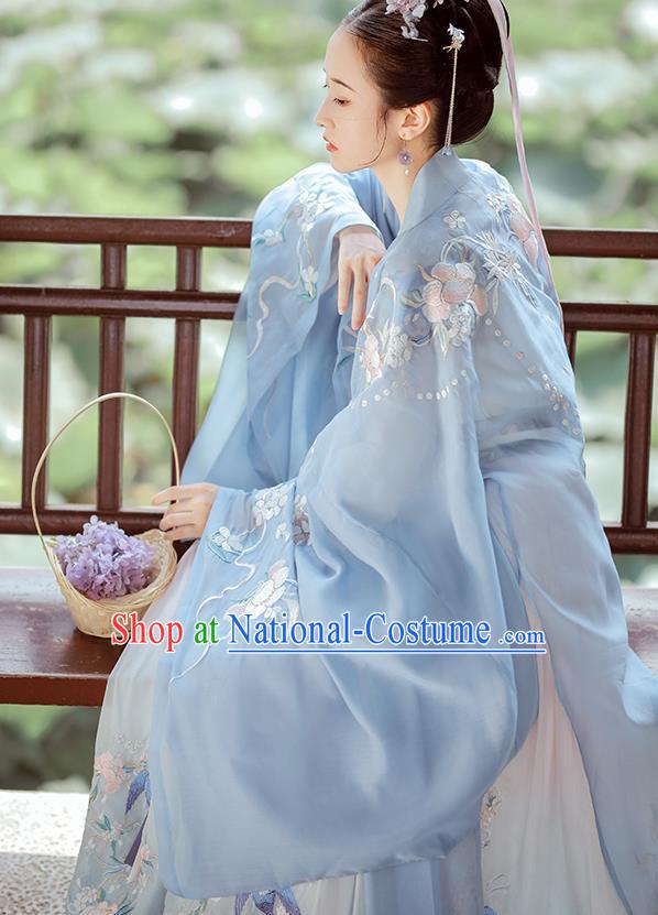 China Ancient Fairy Embroidered Blue Hanfu Dress Traditional Tang Dynasty Court Princess Historical Costumes Complete Set