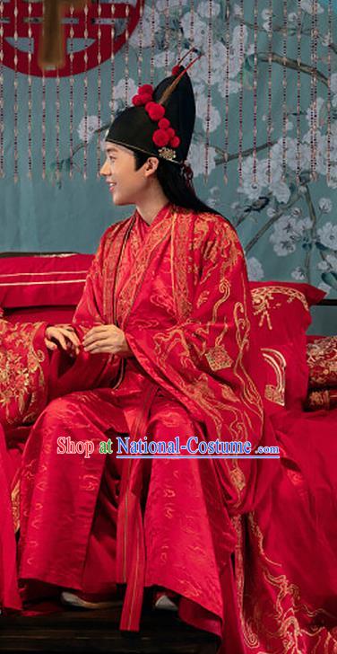 China Traditional Ming Dynasty Scholar Wedding Historical Costumes Ancient Bridegroom Embroidered Red Hanfu Clothing and Hat