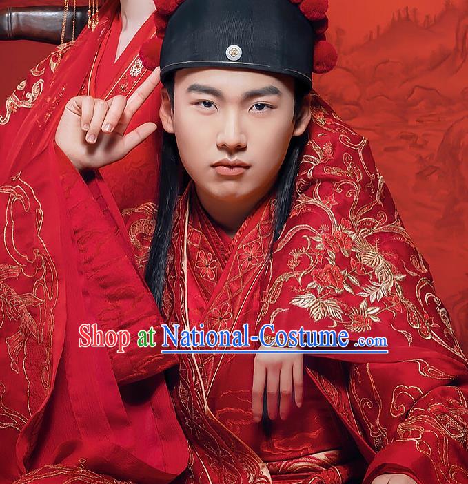 China Traditional Ming Dynasty Scholar Wedding Historical Costumes Ancient Bridegroom Embroidered Red Hanfu Clothing and Hat