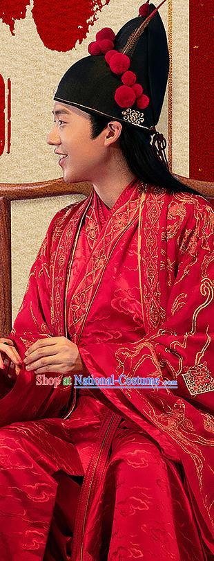 China Traditional Ming Dynasty Scholar Wedding Historical Costumes Ancient Bridegroom Embroidered Red Hanfu Clothing and Hat