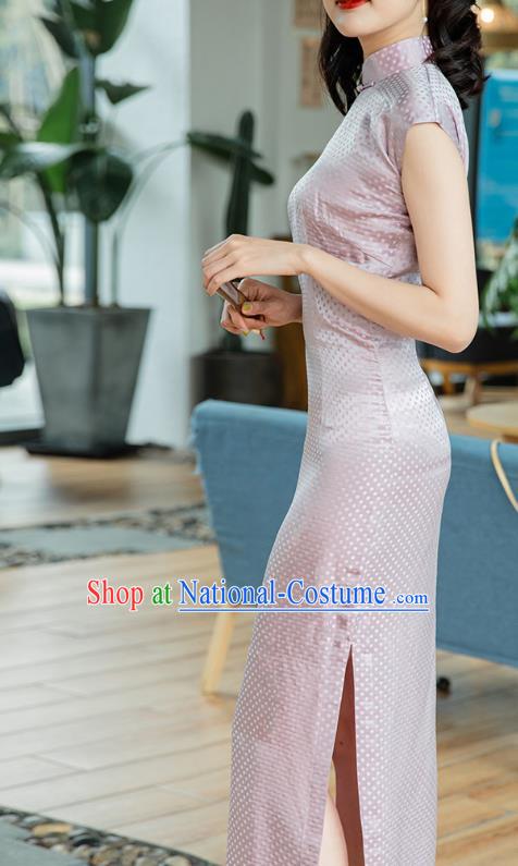 Republic of China Jacquard Brocade Cheongsam Costume Traditional Minguo Lilac Silk Qipao Dress