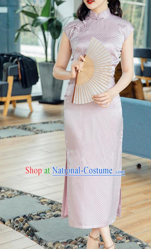 Republic of China Jacquard Brocade Cheongsam Costume Traditional Minguo Lilac Silk Qipao Dress