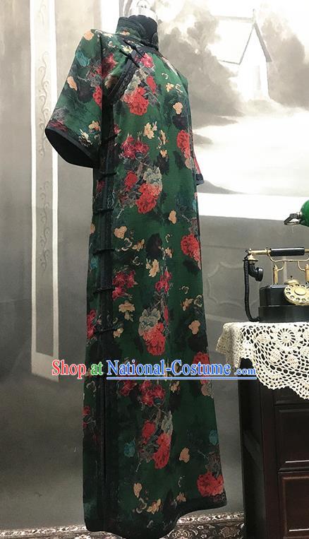 Republic of China Green Gambiered Guangdong Gauze Cheongsam Costume Traditional Minguo Mandarin Sleeve Qipao Dress