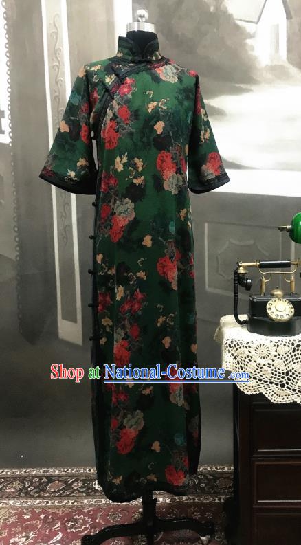 Republic of China Green Gambiered Guangdong Gauze Cheongsam Costume Traditional Minguo Mandarin Sleeve Qipao Dress