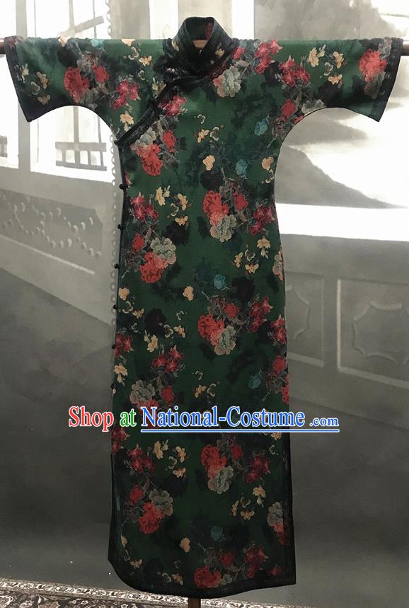 Republic of China Green Gambiered Guangdong Gauze Cheongsam Costume Traditional Minguo Mandarin Sleeve Qipao Dress