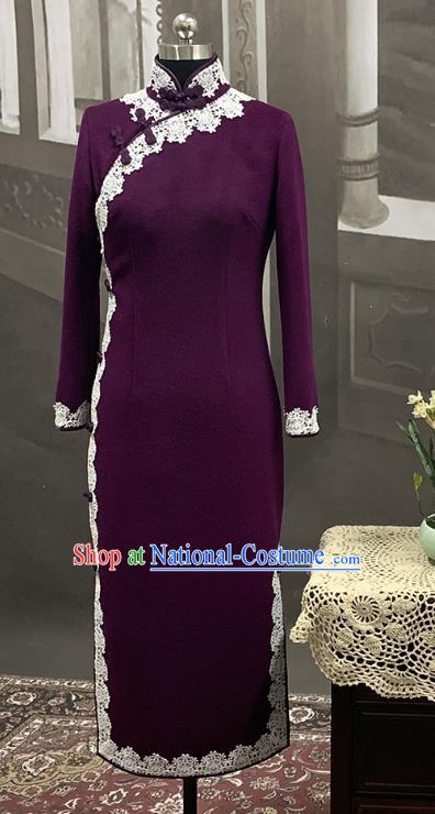 Republic of China Middle Age Woman Cheongsam Costume Traditional Minguo Purple Woolen Qipao Dress