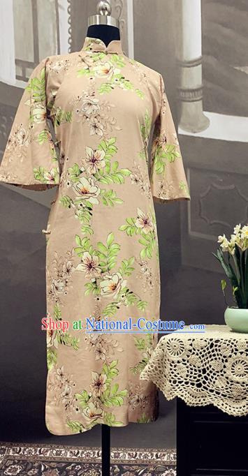 Republic of China Mandarin Sleeve Cheongsam Costume Traditional Minguo Printing Beige Flax Qipao Dress