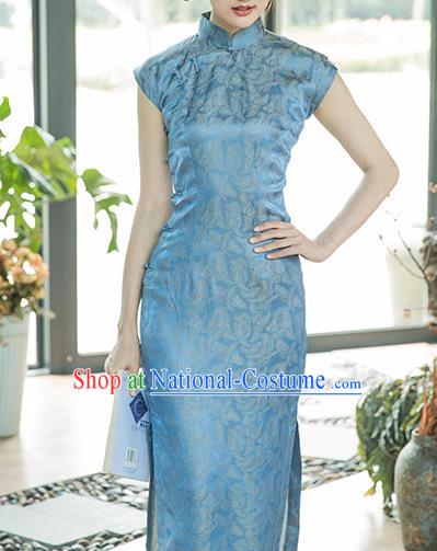 Republic of China Silk Cheongsam Costume Traditional Minguo Jacquard Blue Brocade Qipao Dress