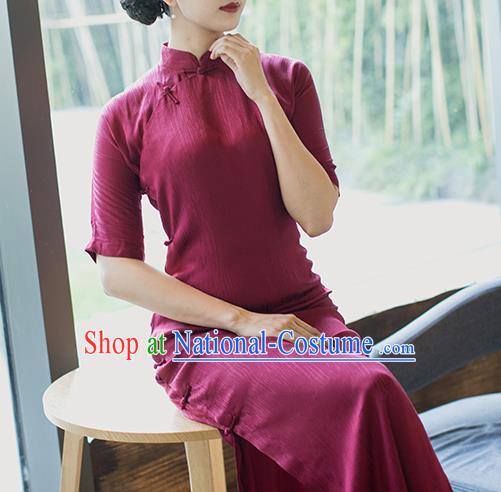 Republic of China Young Woman Cheongsam Costume Traditional Minguo Wine Red Silk Qipao Dress