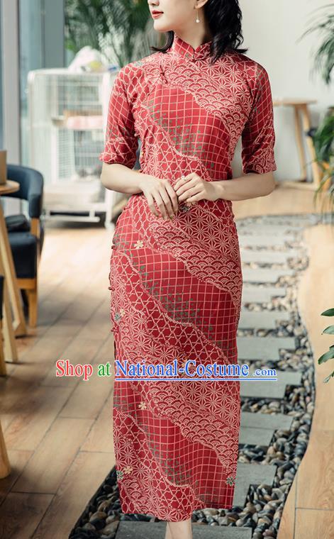 Republic of China Red Silk Cheongsam Costume Traditional Minguo Shanghai Beauty Qipao Dress