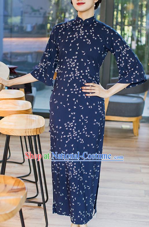 Republic of China Ruffle Sleeve Cheongsam Costume Traditional Minguo Printing Swallow Deep Blue Qipao Dress