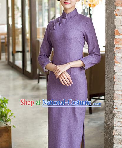 Republic of China Young Woman Cheongsam Costume Traditional Minguo Purple Flannel Qipao Dress