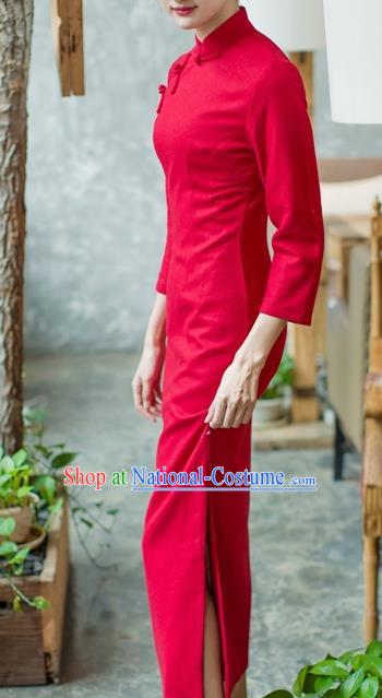 Republic of China Red Flannel Cheongsam Costume Traditional Minguo Young Lady Qipao Dress