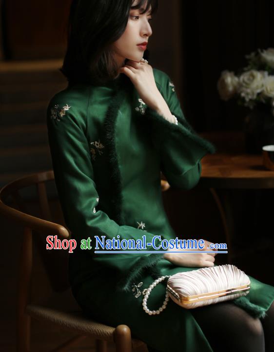 China Winter Cotton Wadded Cheongsam Costume Traditional Shanghai Green Silk Qipao Dress