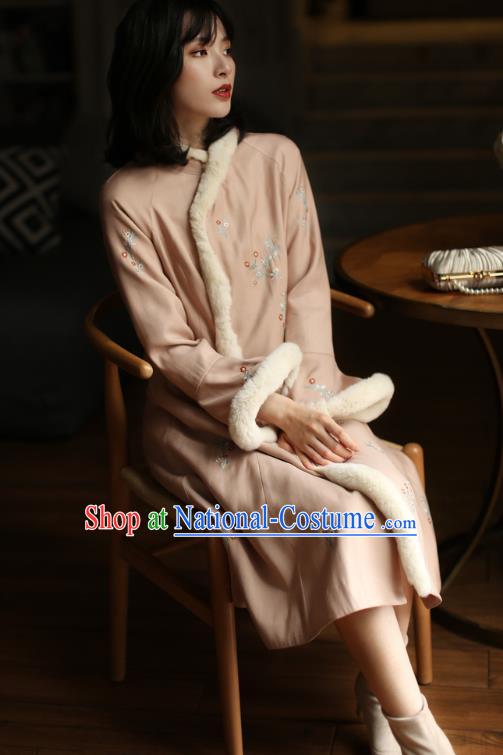 China Winter Embroidered Cotton Wadded Cheongsam Costume Traditional Shanghai Pink Qipao Dress