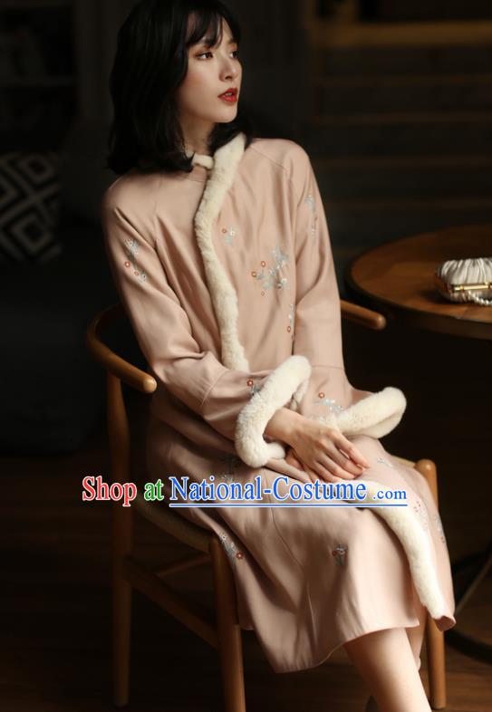 China Winter Embroidered Cotton Wadded Cheongsam Costume Traditional Shanghai Pink Qipao Dress