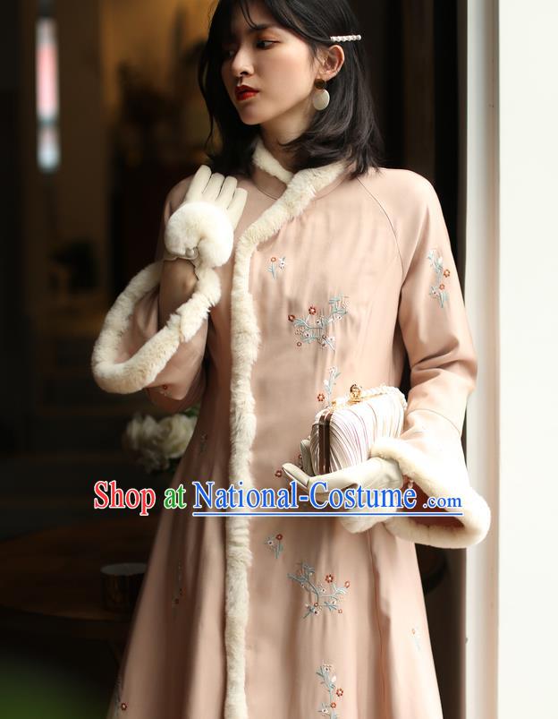 China Winter Embroidered Cotton Wadded Cheongsam Costume Traditional Shanghai Pink Qipao Dress