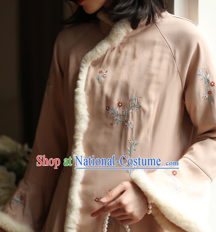 China Winter Embroidered Cotton Wadded Cheongsam Costume Traditional Shanghai Pink Qipao Dress