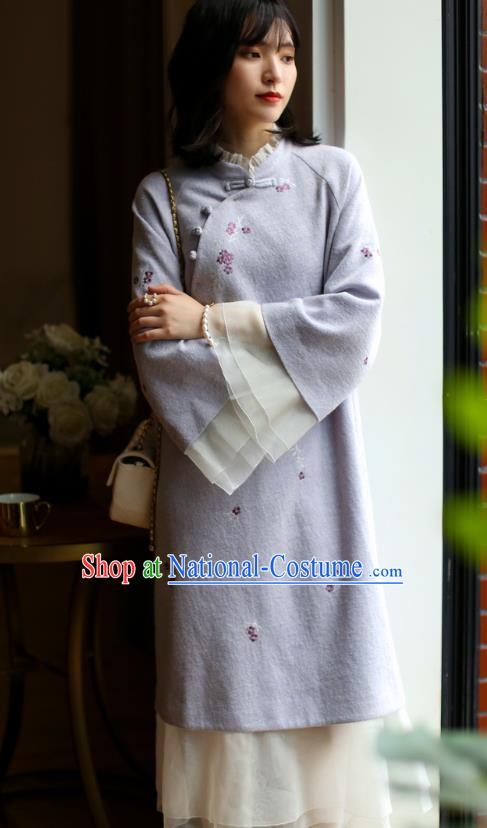 China Winter Embroidered Cheongsam Costume Traditional Young Woman Chiffon Qipao Dress