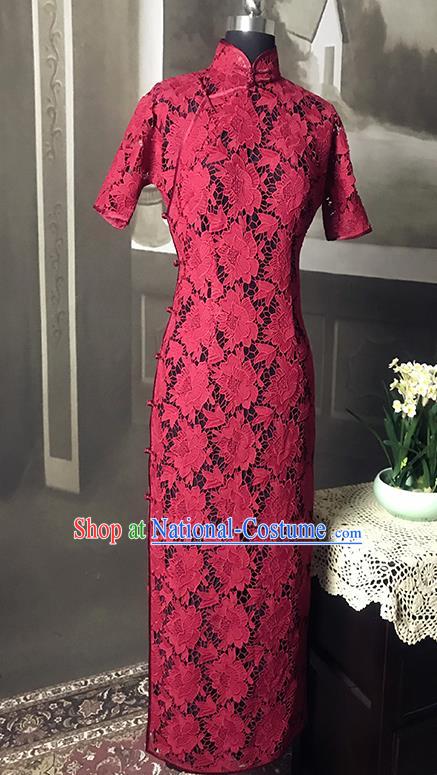 Republic of China Red Peony Lace Cheongsam Costume Traditional Minguo Shanghai Mother Qipao Dress