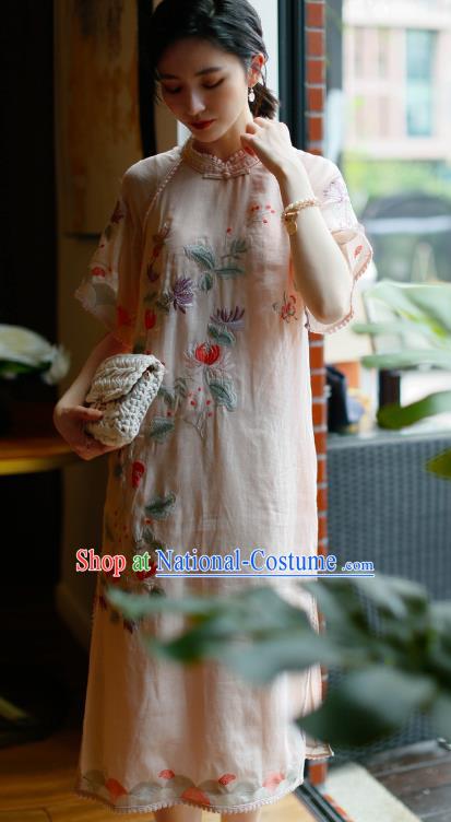 China Classical Pink Ramine Cheongsam Costume Traditional Young Woman Embroidered Chrysanthemum Qipao Dress