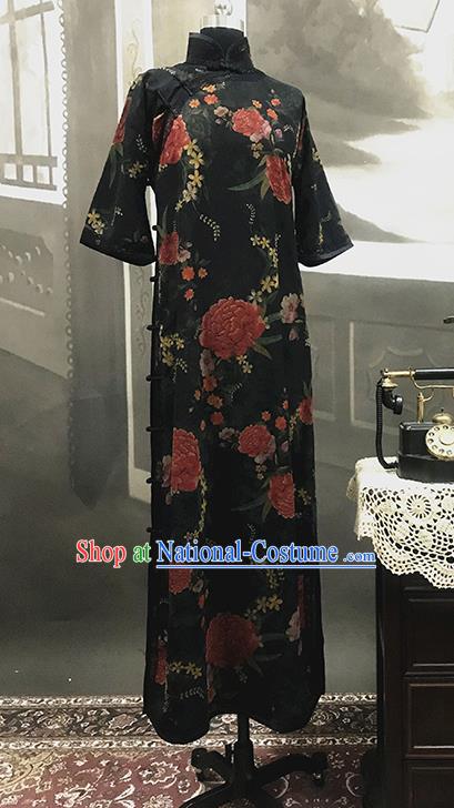 Republic of China Gambiered Guangdong Gauze Cheongsam Costume Traditional Minguo Printing Peony Black Silk Qipao Dress