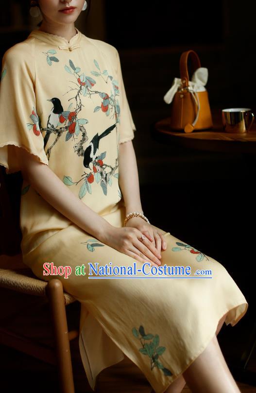 China Young Woman Modern Dance Cheongsam Costume Traditional Printing Yellow Silk Qipao Dress