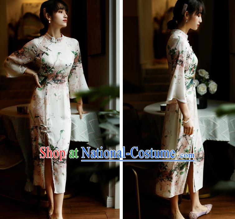 China Classical Printing Silk Cheongsam Costume Traditional Young Lady Qipao Dress