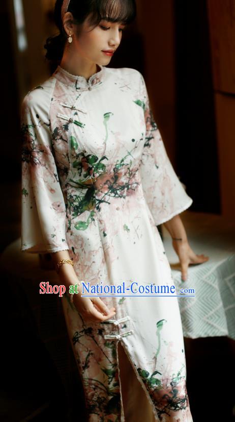 China Classical Printing Silk Cheongsam Costume Traditional Young Lady Qipao Dress