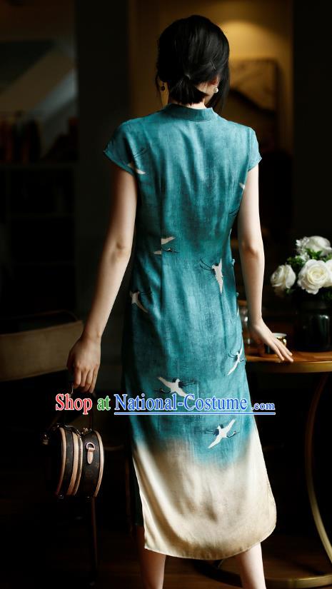 China Classical Young Woman Cheongsam Costume Traditional Printing Green Silk Qipao Dress