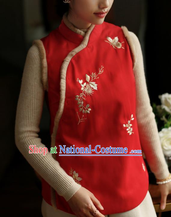 Chinese Traditional Winter Cotton Wadded Waistcoat National Embroidered Red Vest