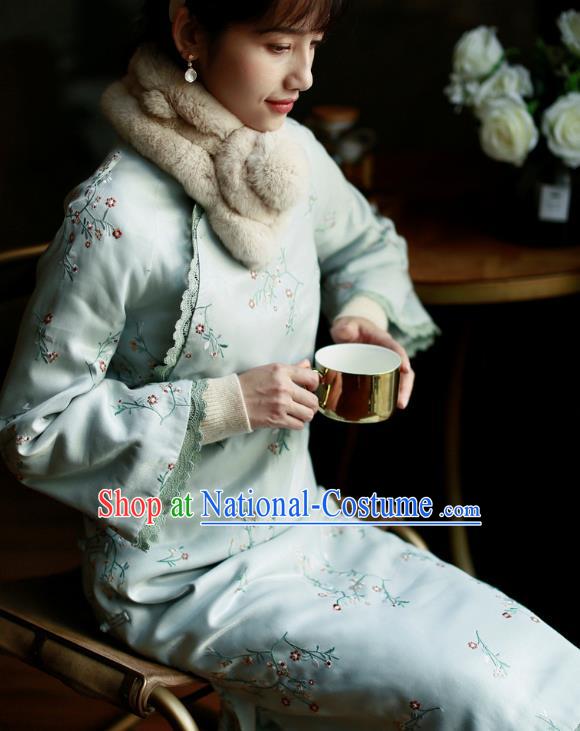 China Winter Cotton Wadded Cheongsam Costume Traditional Young Lady Embroidered Green Qipao Dress