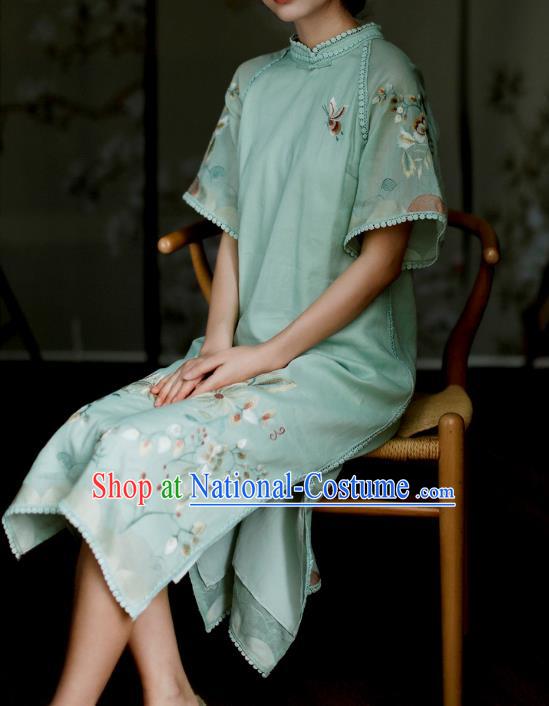 China Classical Embroidered Green Cheongsam Costume Traditional Young Lady Qipao Dress