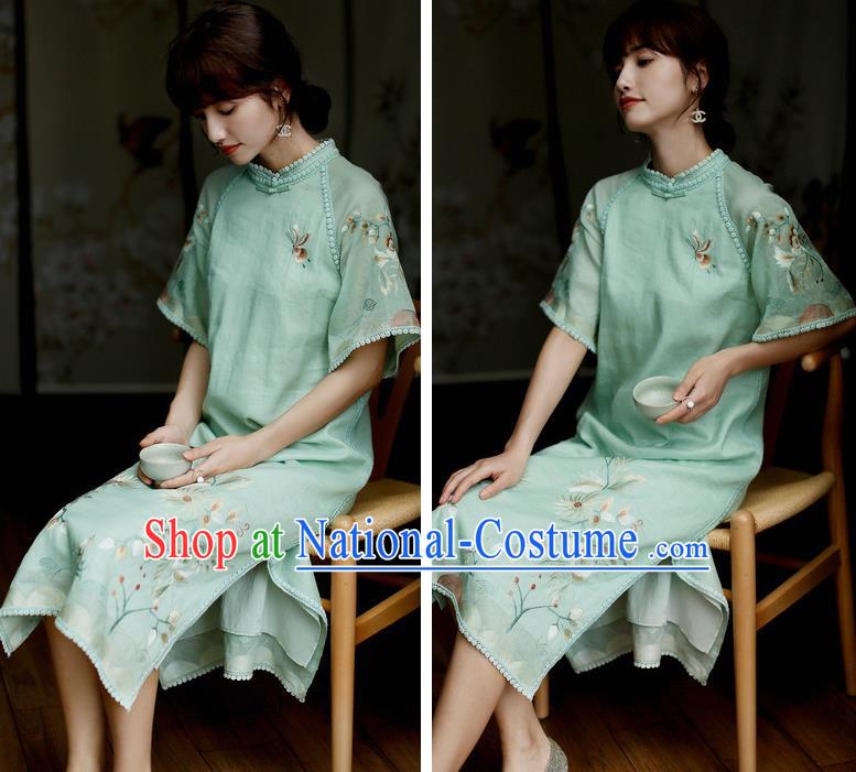 China Classical Embroidered Green Cheongsam Costume Traditional Young Lady Qipao Dress