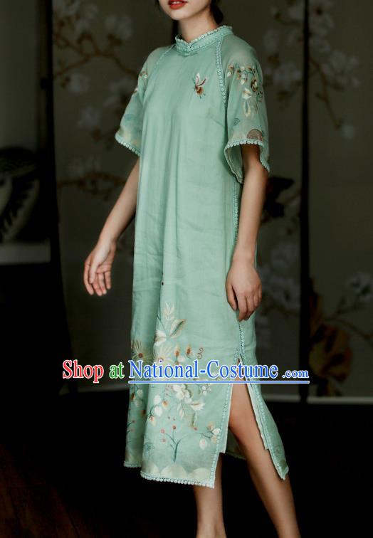 China Classical Embroidered Green Cheongsam Costume Traditional Young Lady Qipao Dress