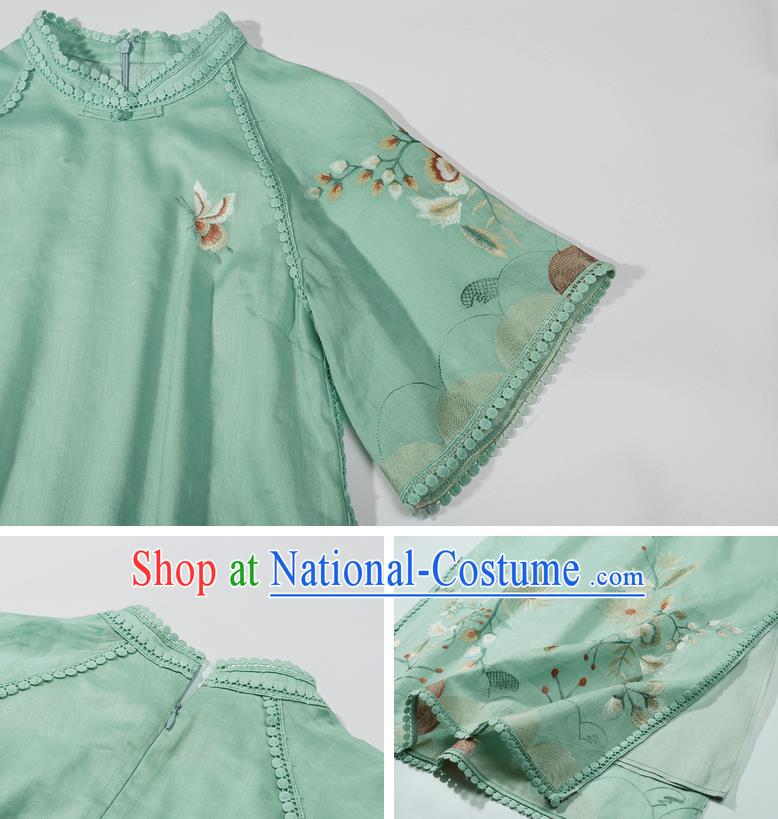 China Classical Embroidered Green Cheongsam Costume Traditional Young Lady Qipao Dress