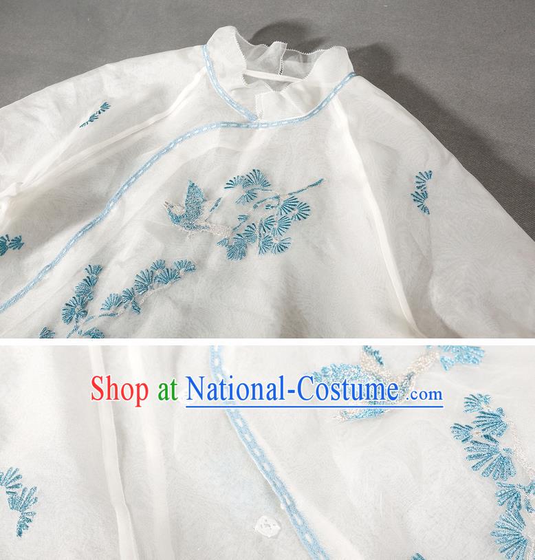 China Modern Cheongsam Costume Traditional Embroidered White Organdy Short Qipao Dress