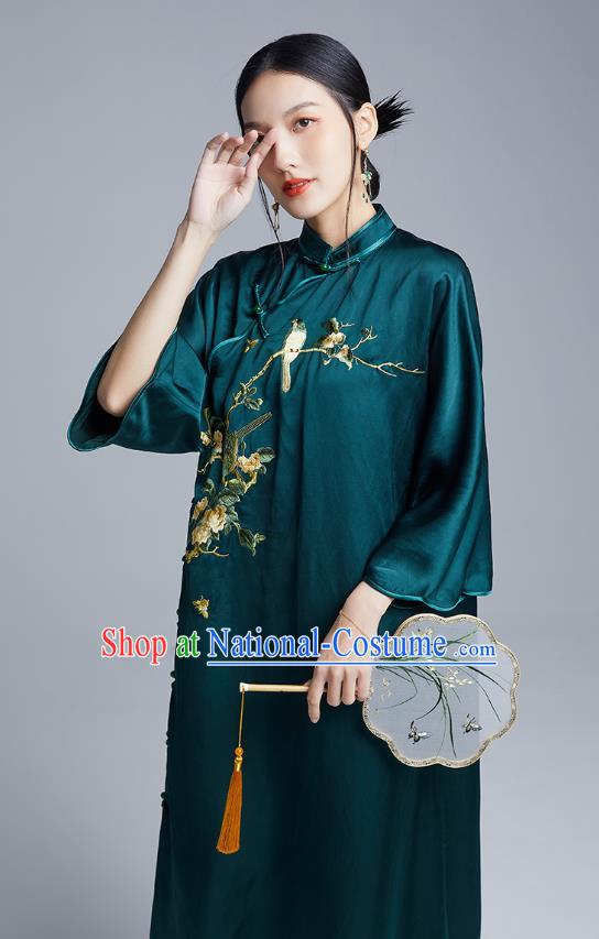 China Classical Embroidered Flowers Bird Cheongsam Costume Traditional Young Lady Atrovirens Silk Qipao Dress